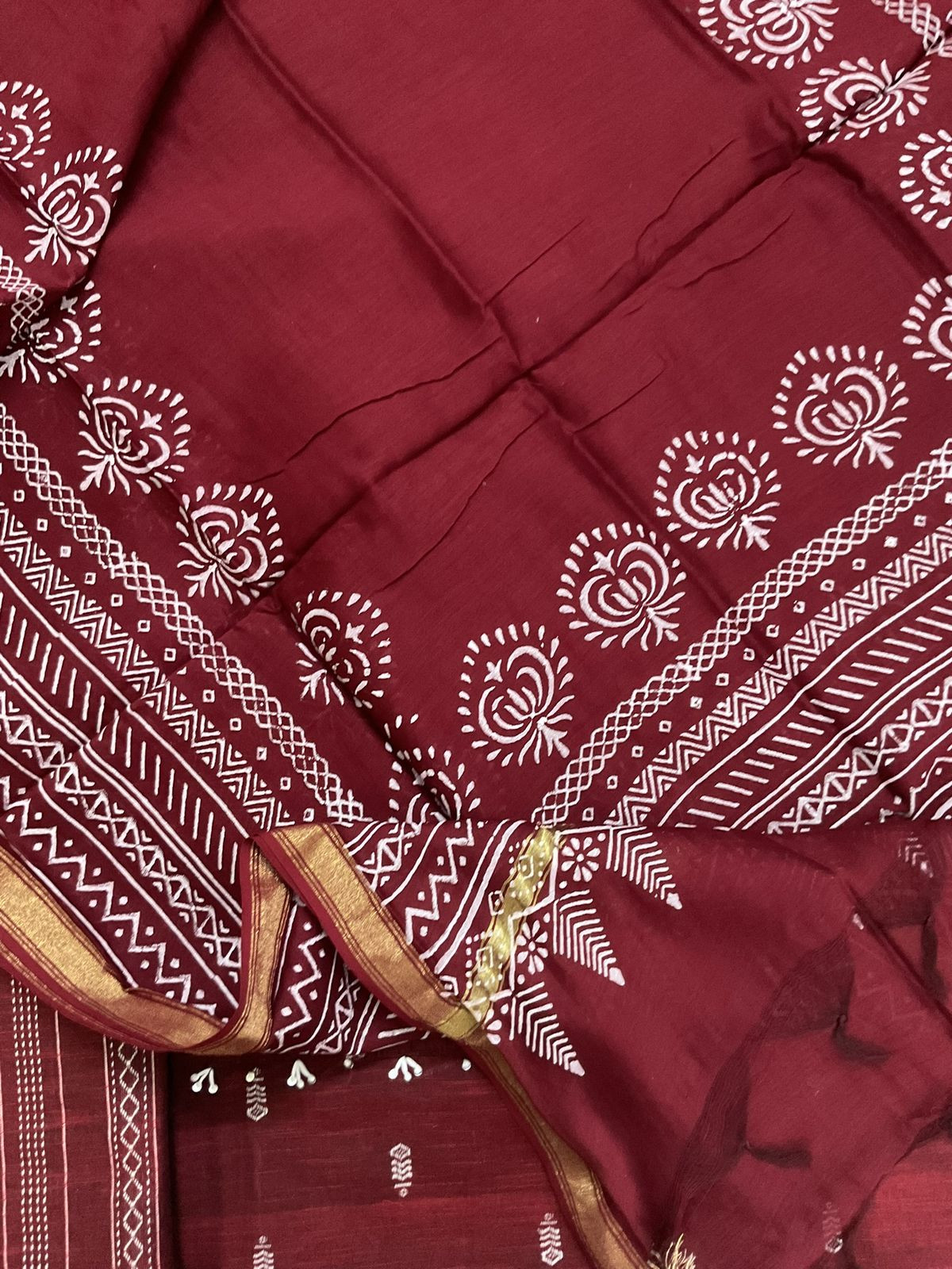 Pure Handloom Cotton Self Weaved Embroidered Suit - Maroon
