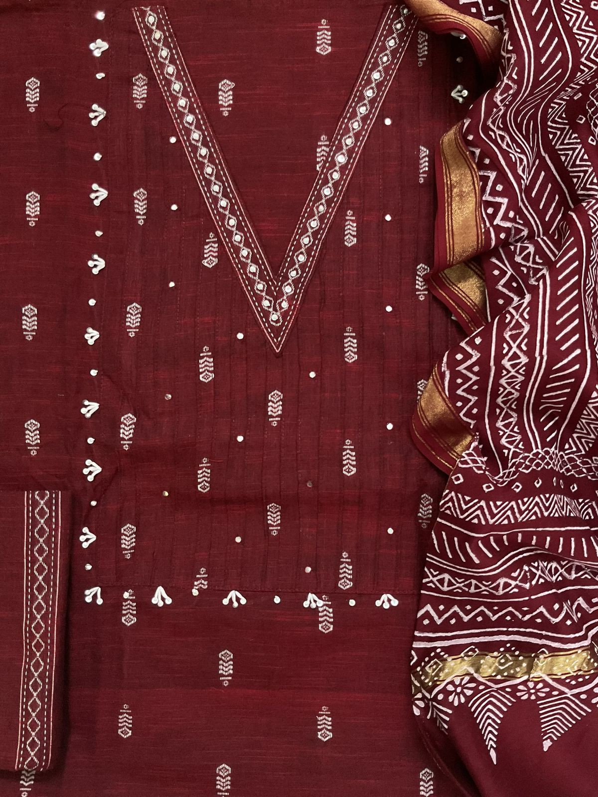 Pure Handloom Cotton Self Weaved Embroidered Suit - Maroon