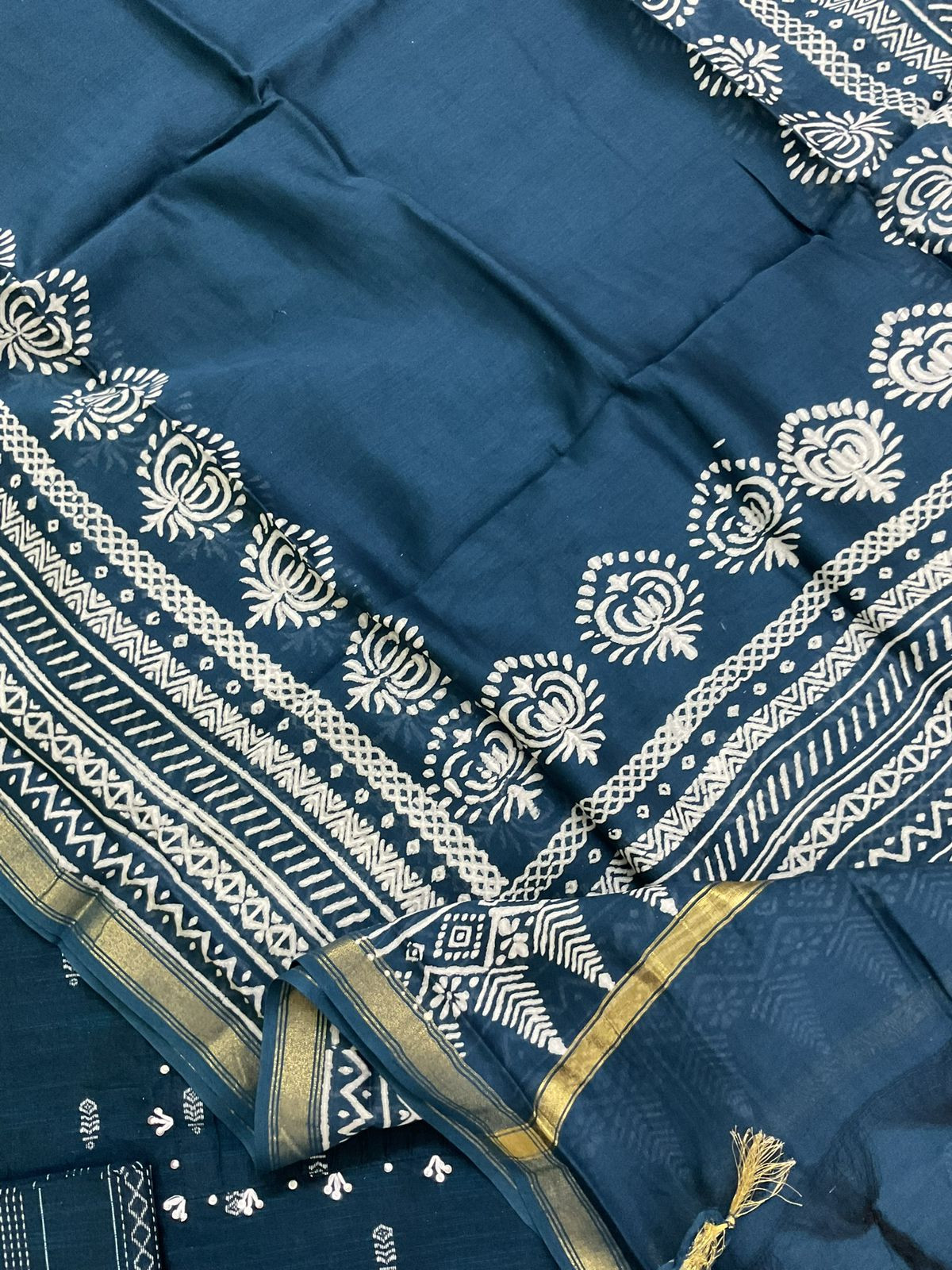 Pure Handloom Cotton Self Weaved Embroidered Suit - Blue