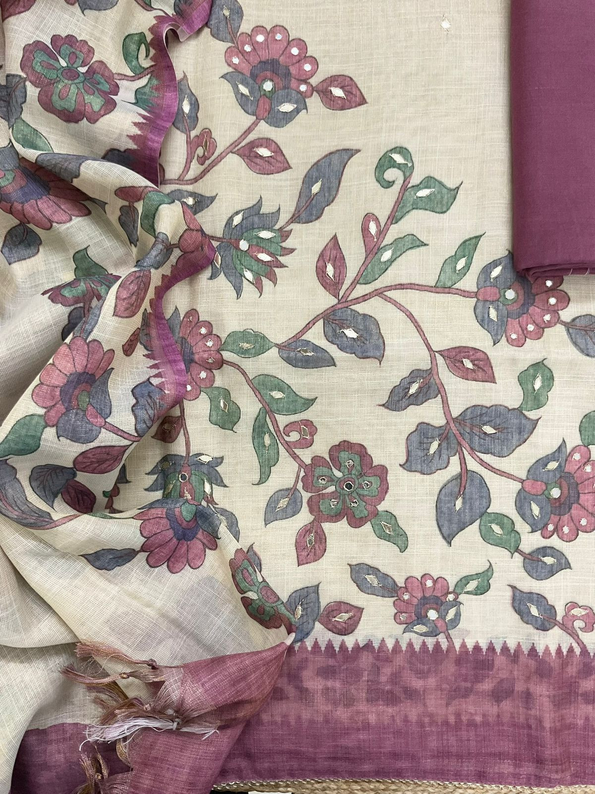 Soft Tissue Slub Cotton Printed Embroidered Suit - Beige