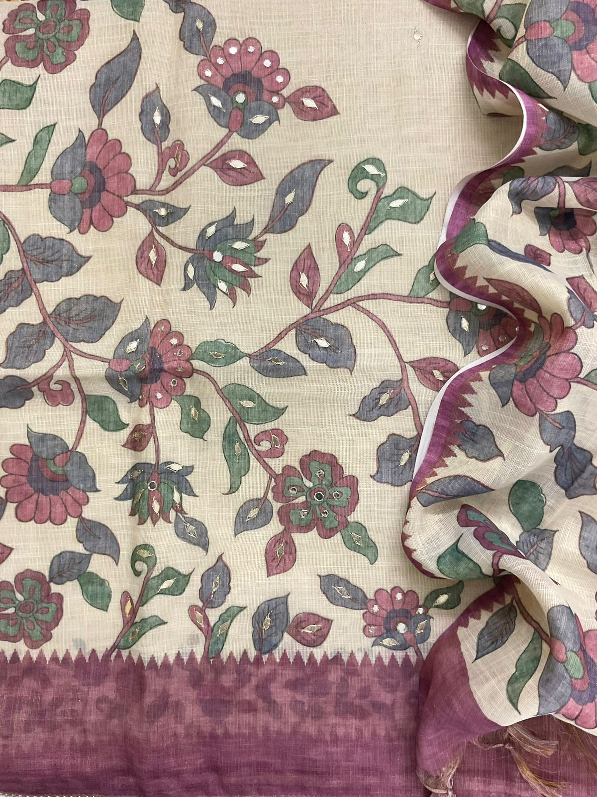 Soft Tissue Slub Cotton Printed Embroidered Suit - Beige