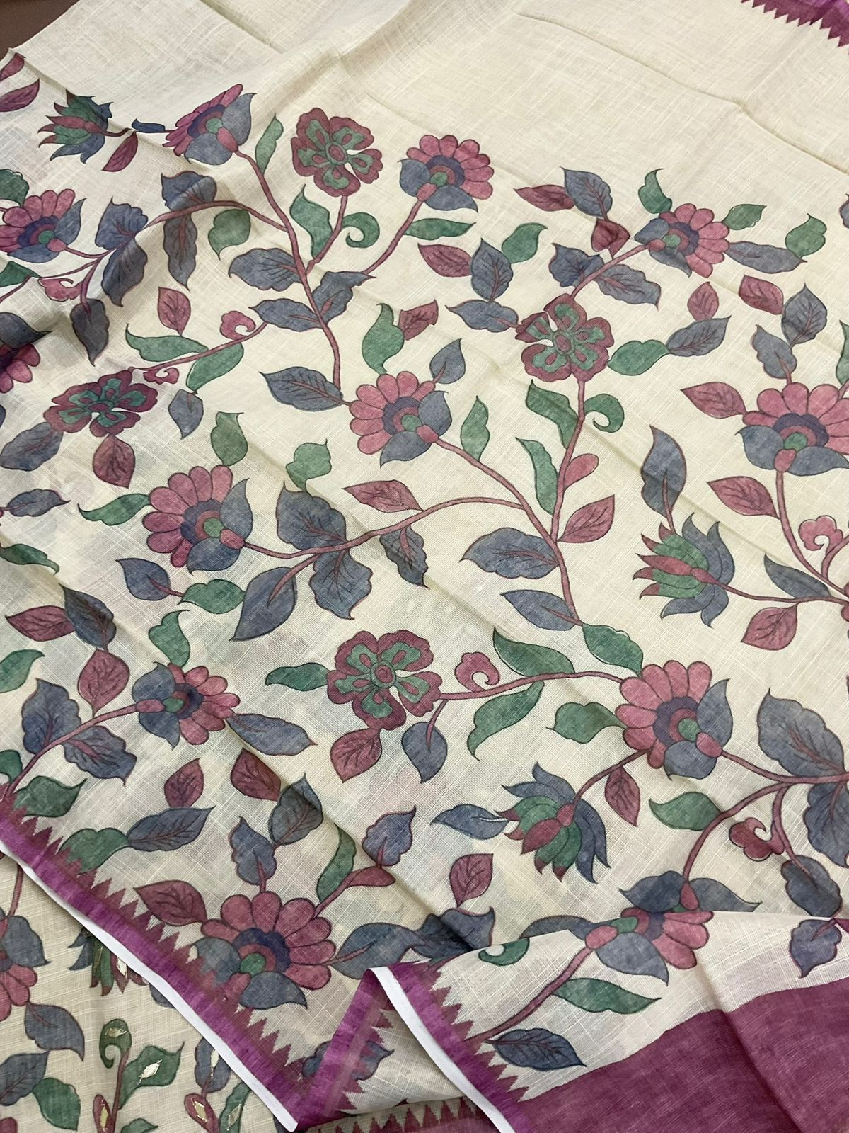 Soft Tissue Slub Cotton Printed Embroidered Suit - Beige