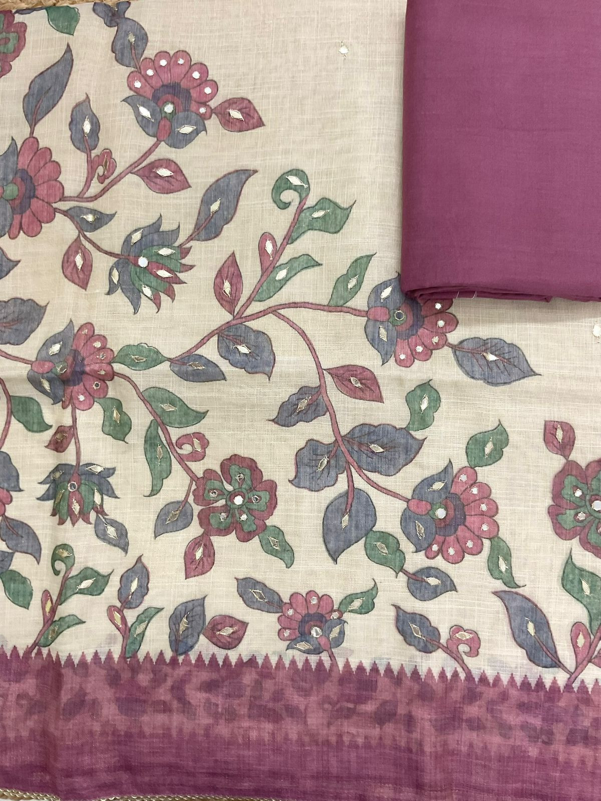 Soft Tissue Slub Cotton Printed Embroidered Suit - Beige