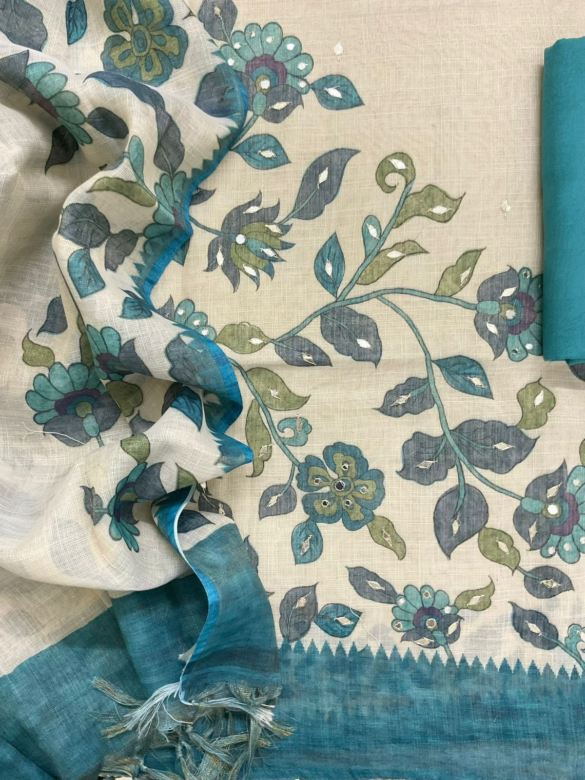 Soft Tissue Slub Cotton Printed Embroidered Suit - Beige