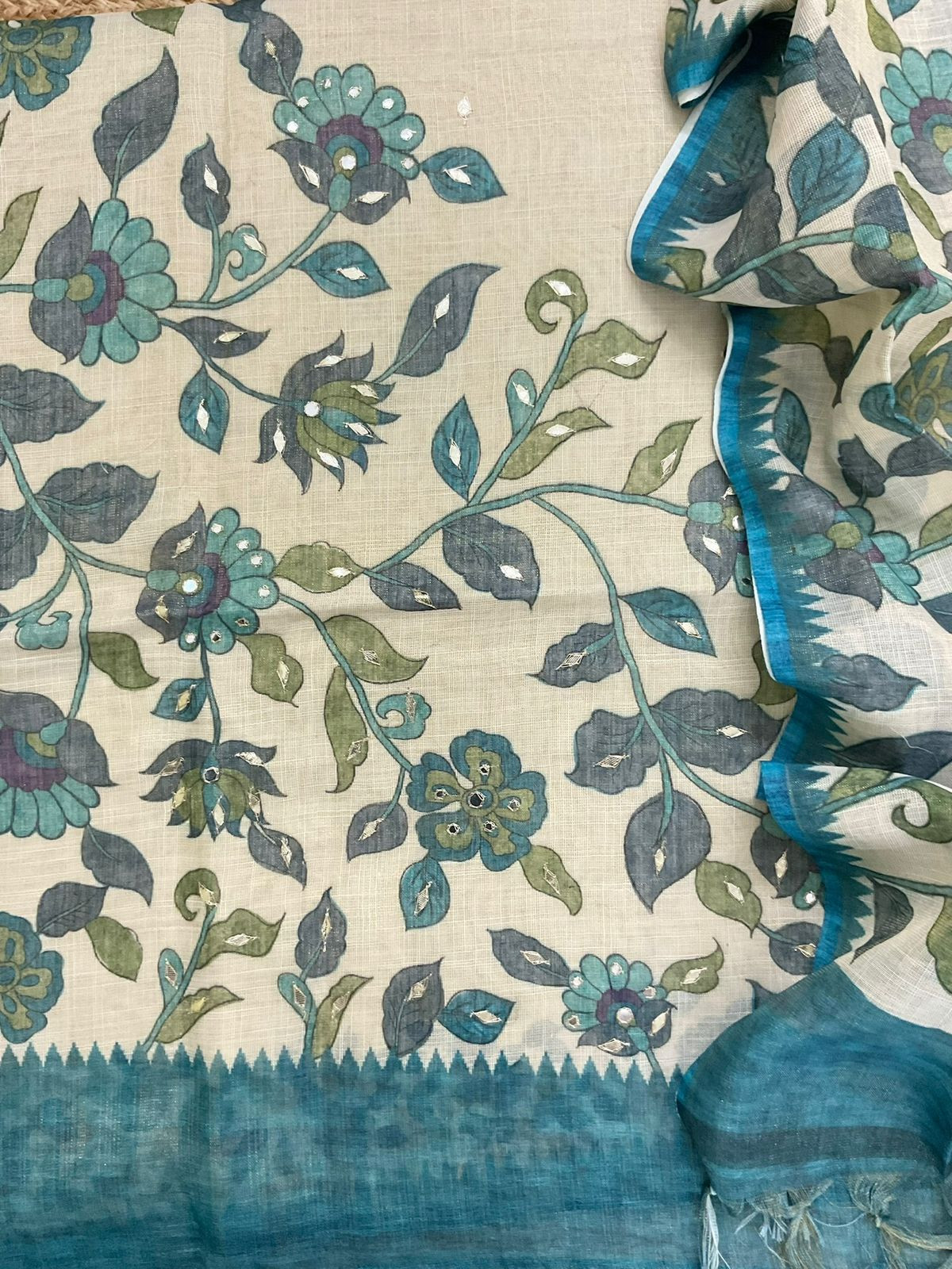 Soft Tissue Slub Cotton Printed Embroidered Suit - Beige