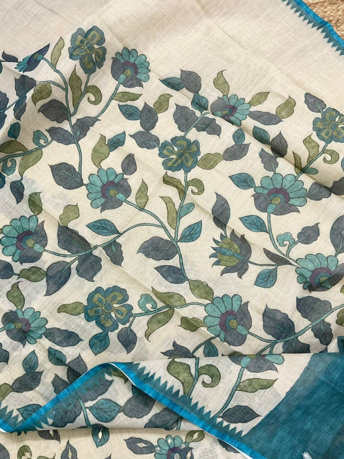 Soft Tissue Slub Cotton Printed Embroidered Suit - Beige