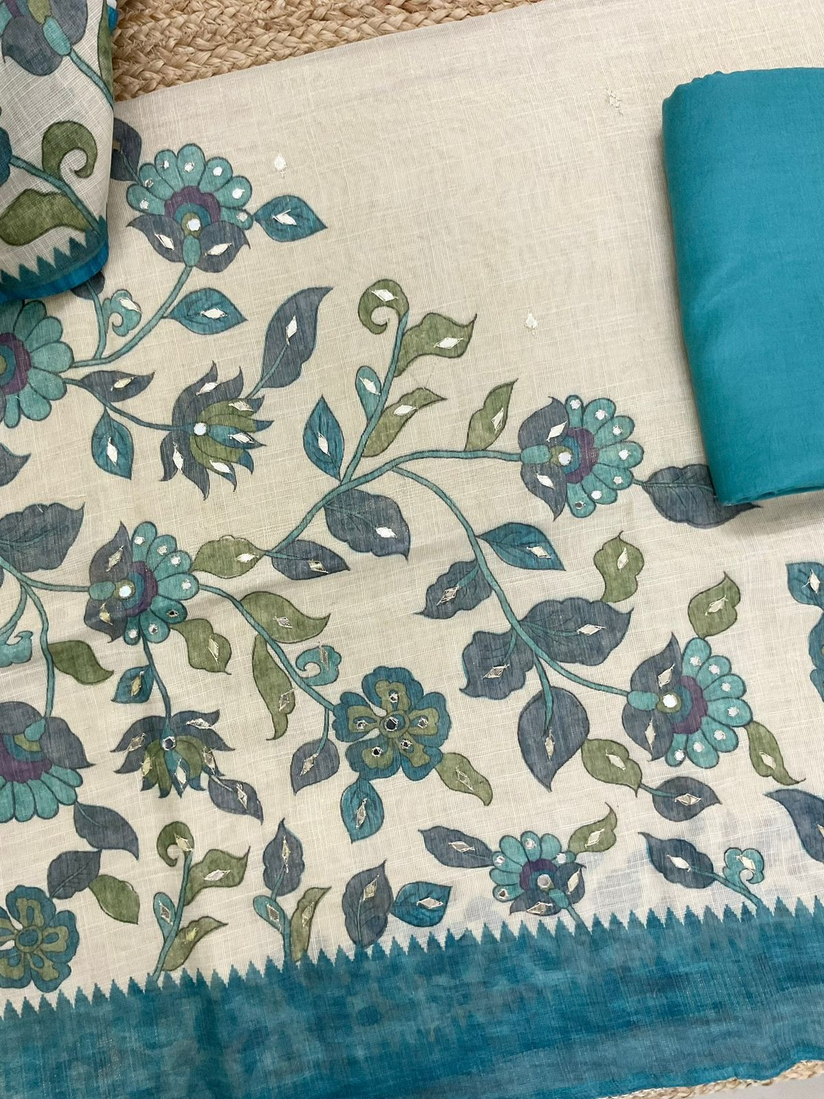 Soft Tissue Slub Cotton Printed Embroidered Suit - Beige