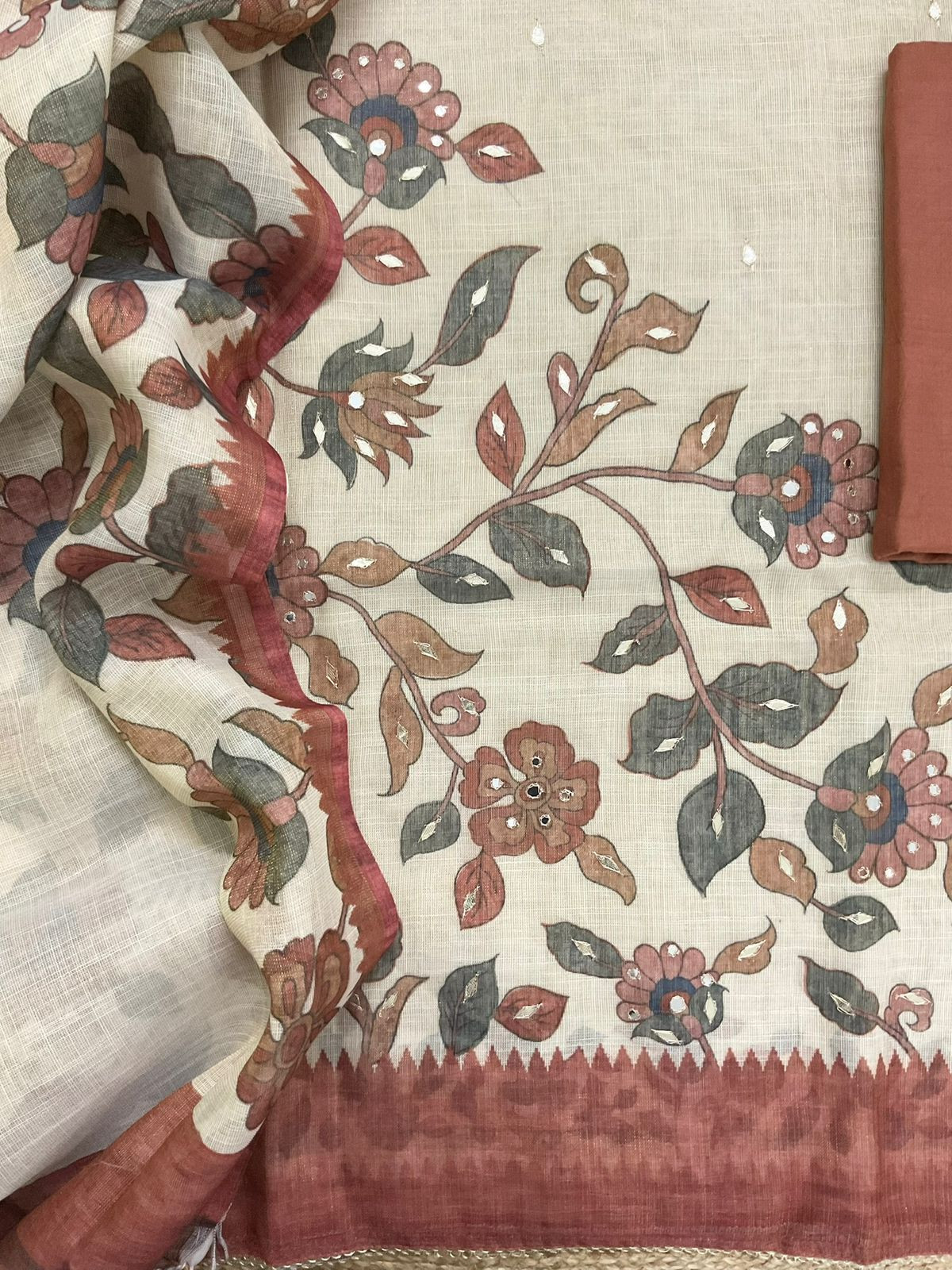 Soft Tissue Slub Cotton Printed Embroidered Suit - Beige