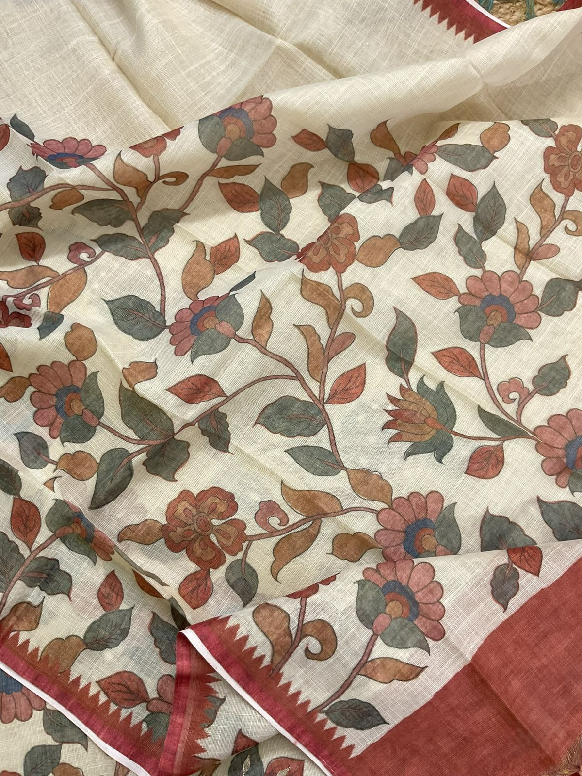 Soft Tissue Slub Cotton Printed Embroidered Suit - Beige