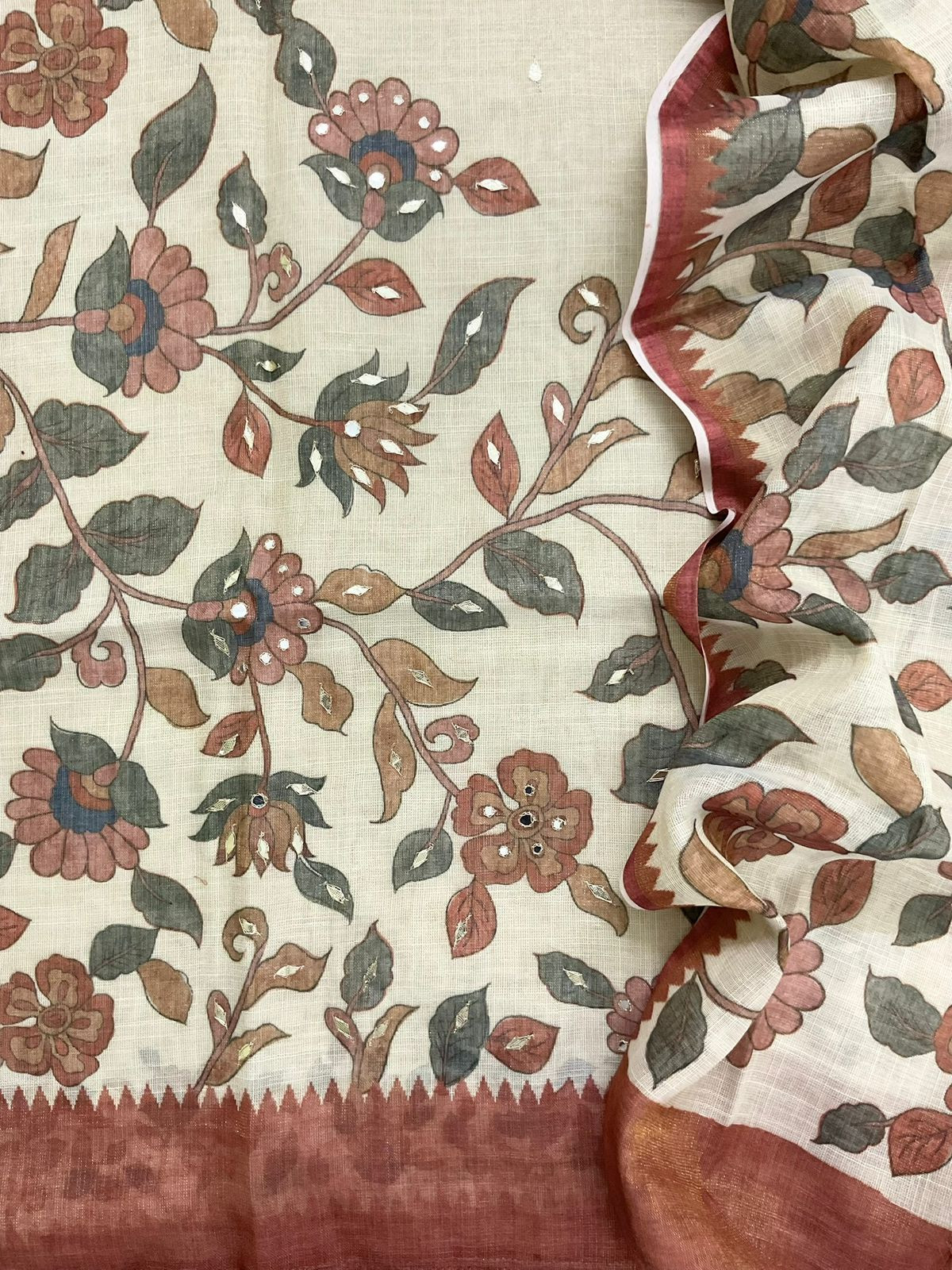 Soft Tissue Slub Cotton Printed Embroidered Suit - Beige