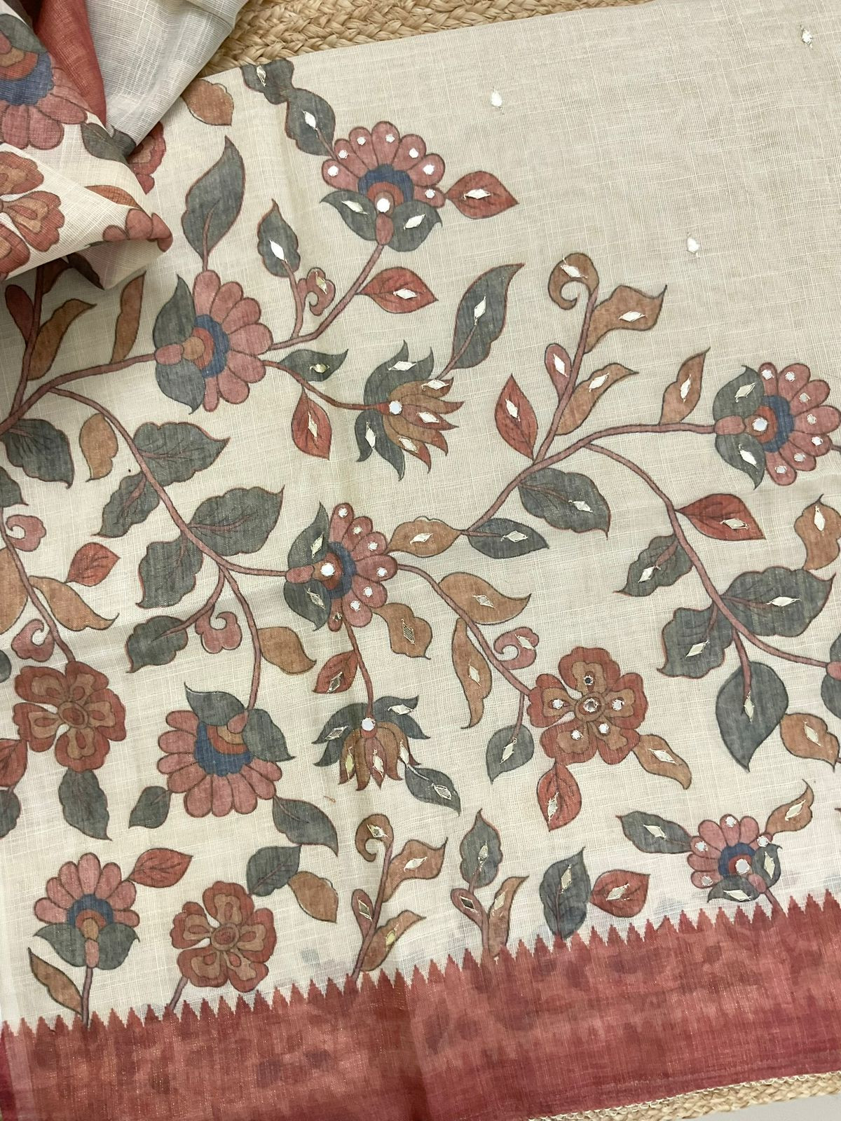 Soft Tissue Slub Cotton Printed Embroidered Suit - Beige