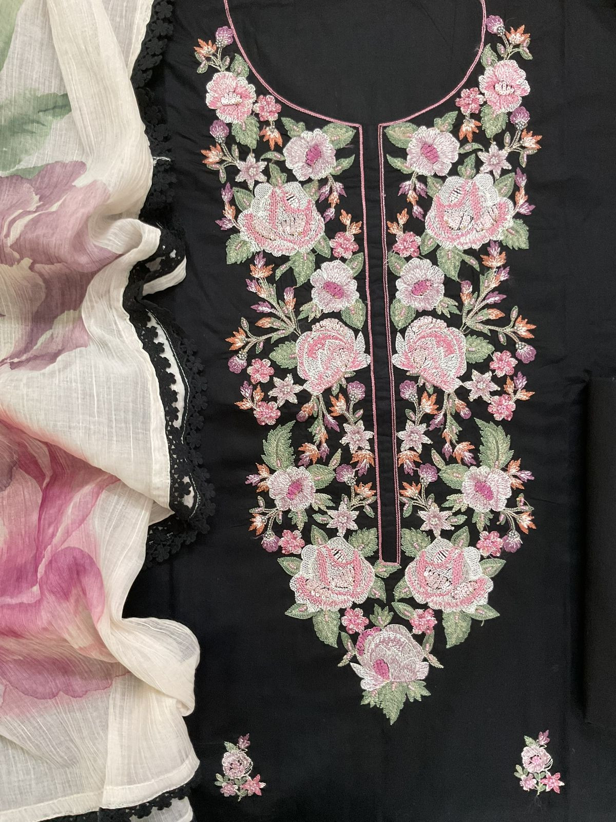 Pure Fine Cotton Printed Embroidered Suit - Black