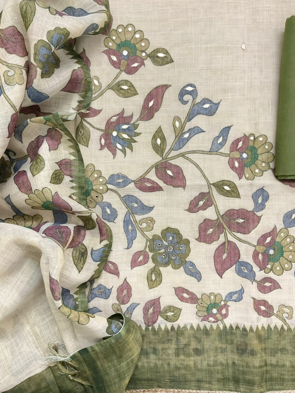 Soft Tissue Slub Cotton Printed Embroidered Suit - Beige