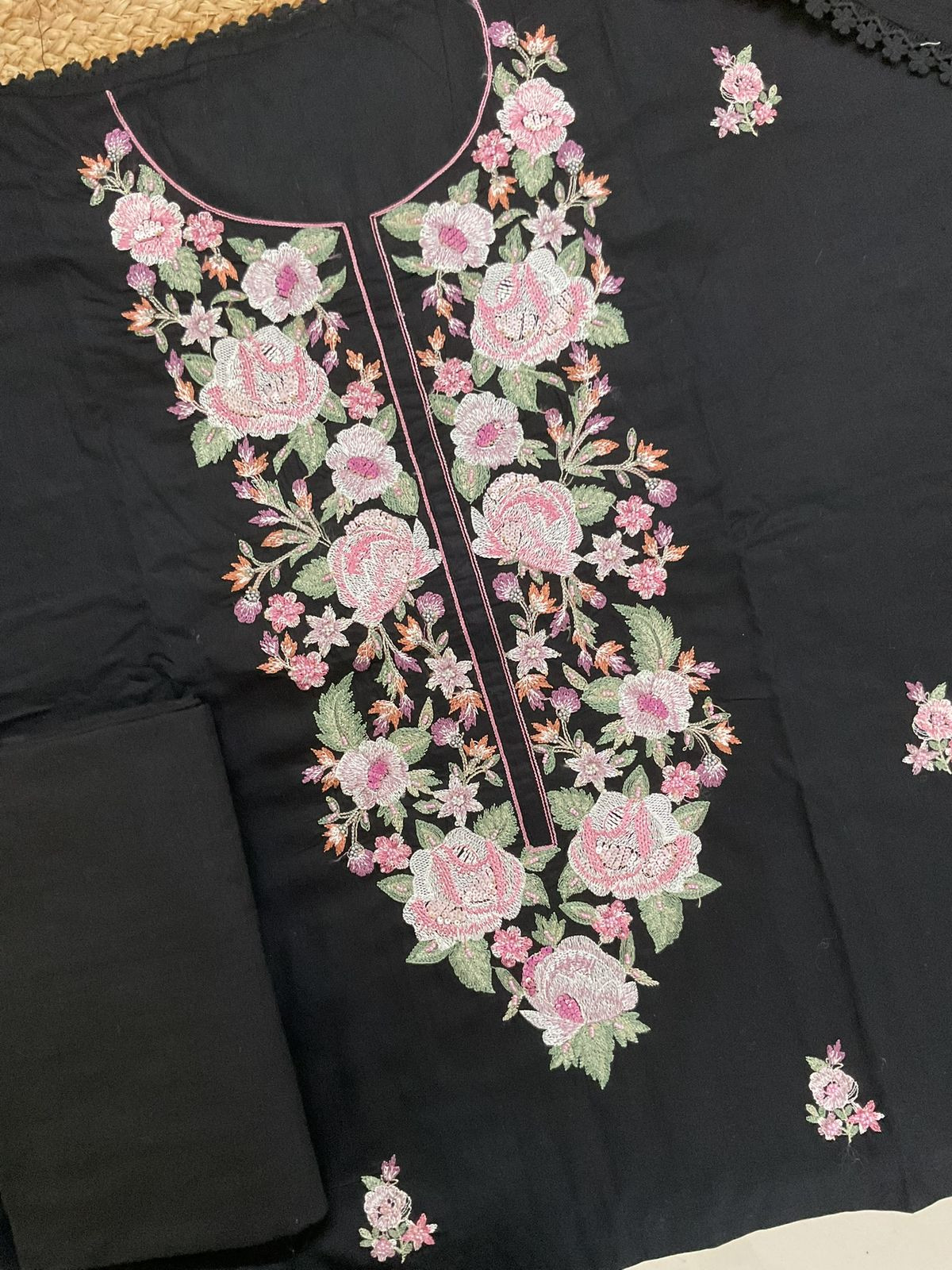 Pure Fine Cotton Printed Embroidered Suit - Black