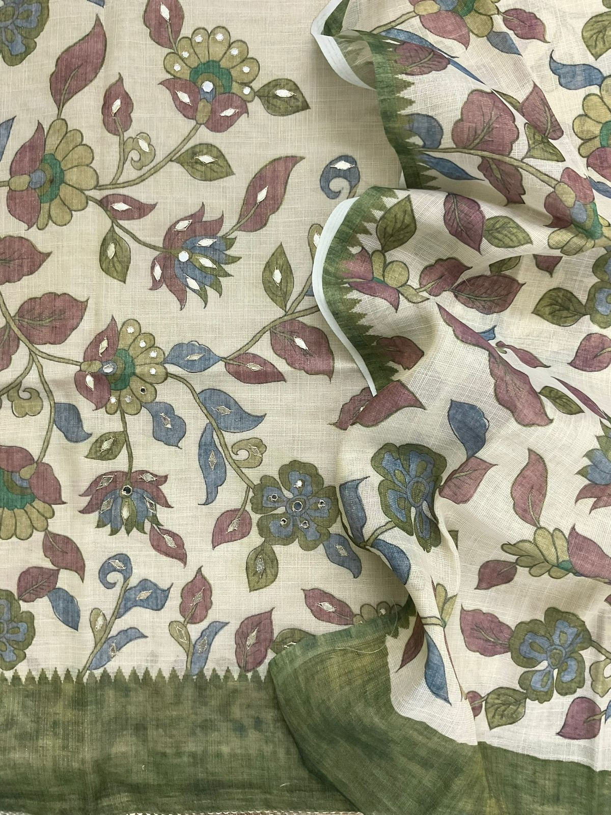 Soft Tissue Slub Cotton Printed Embroidered Suit - Beige