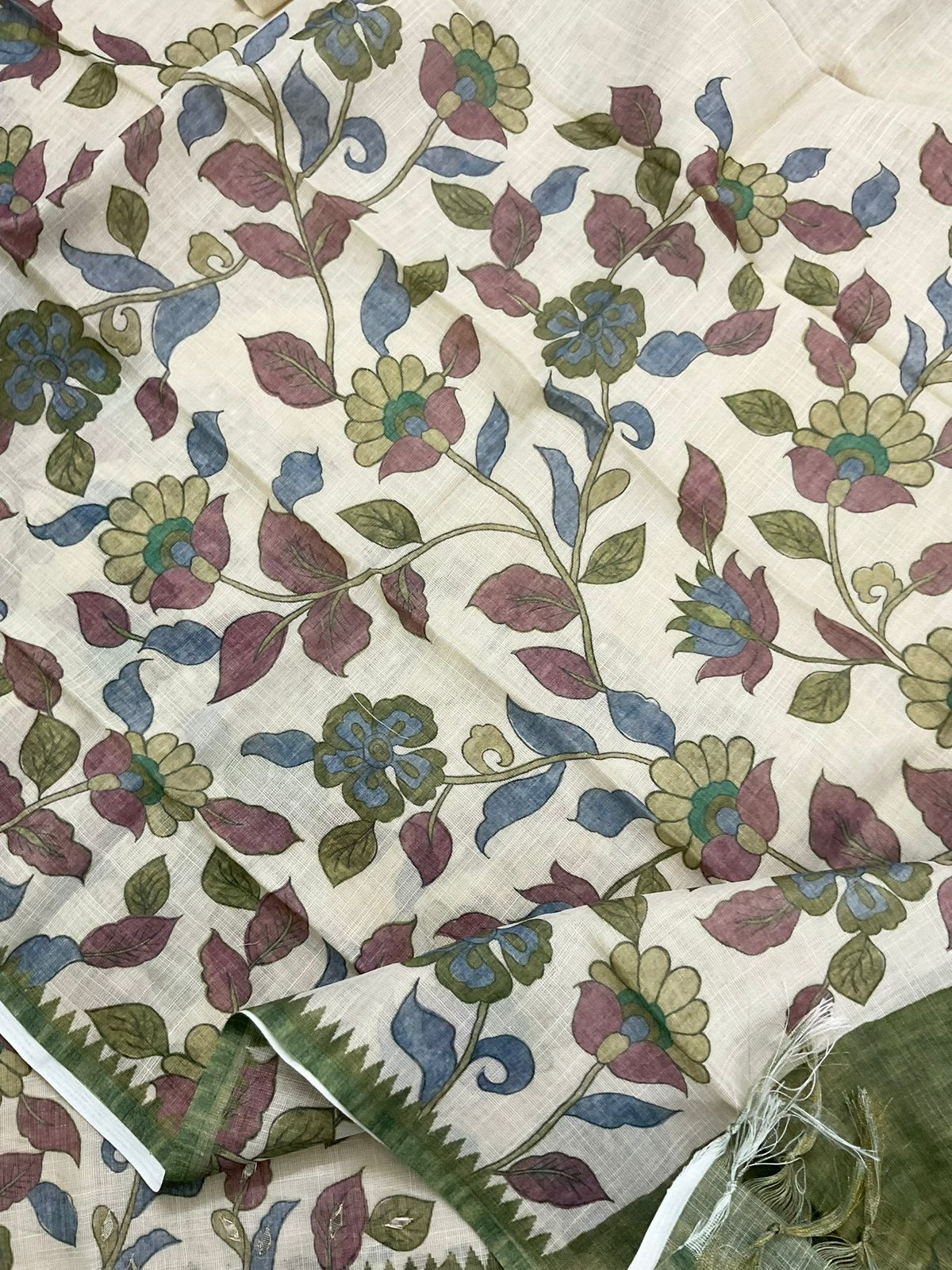 Soft Tissue Slub Cotton Printed Embroidered Suit - Beige