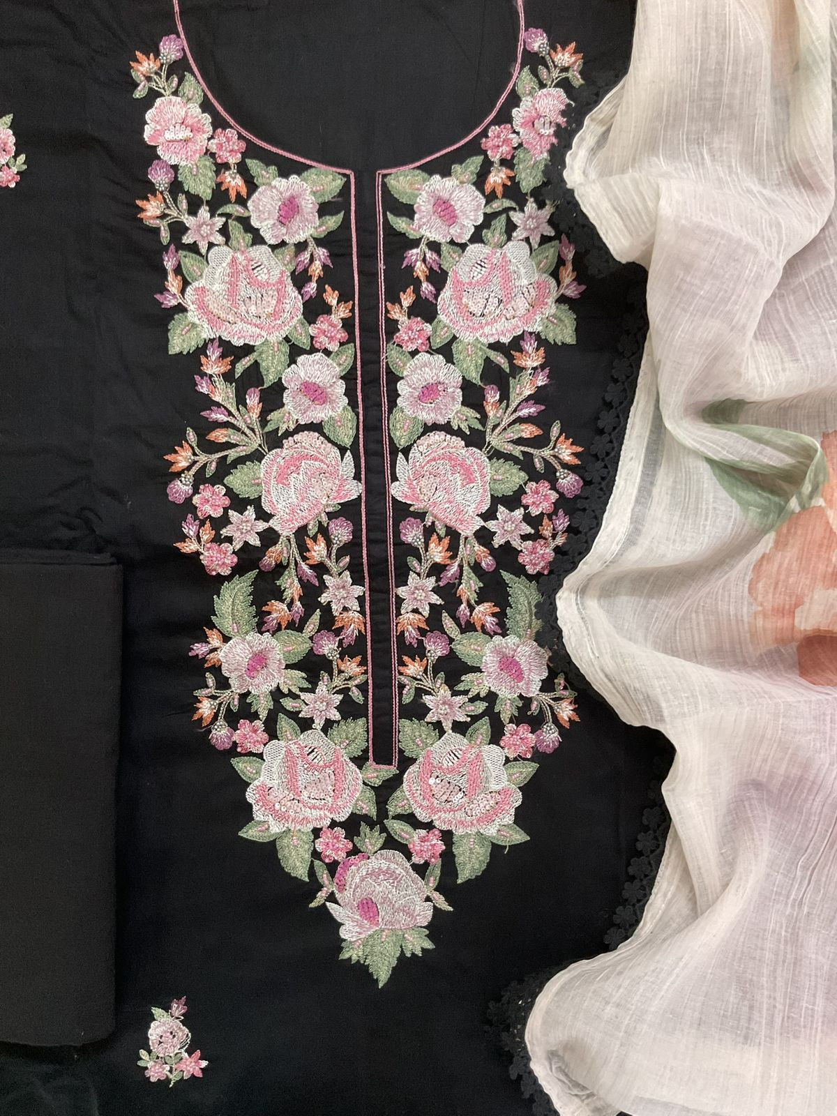 Pure Fine Cotton Printed Embroidered Suit - Black