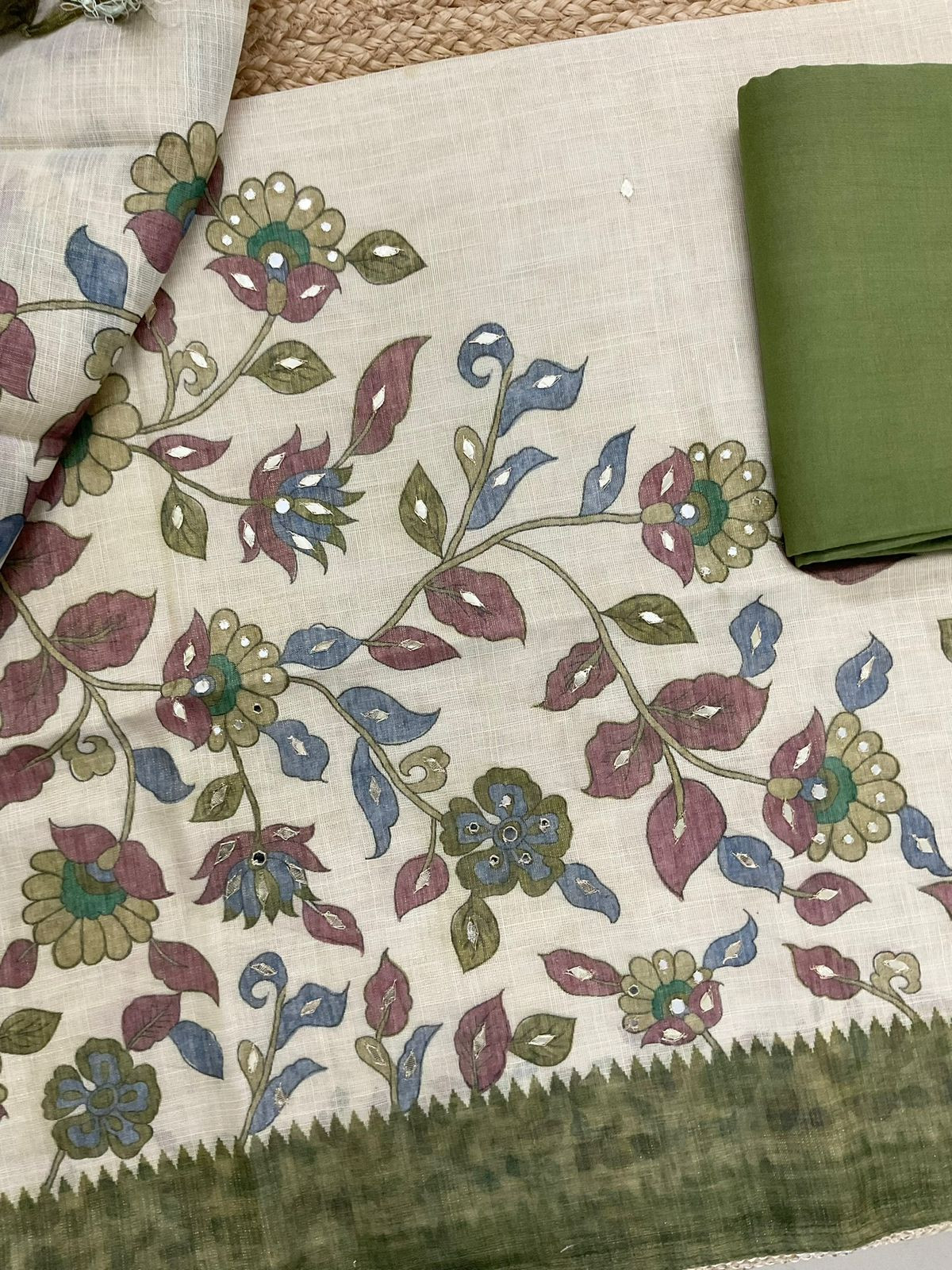 Soft Tissue Slub Cotton Printed Embroidered Suit - Beige