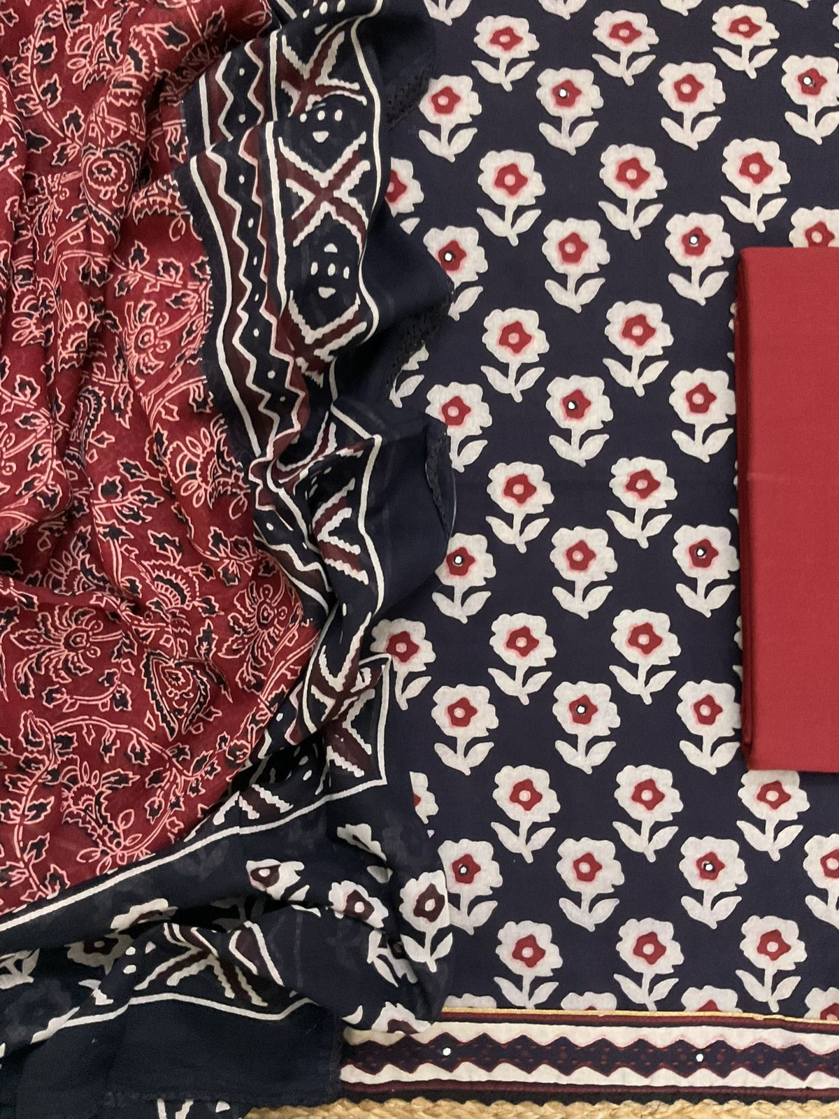 Pure Cotton Printed Embroidered Suit - Black