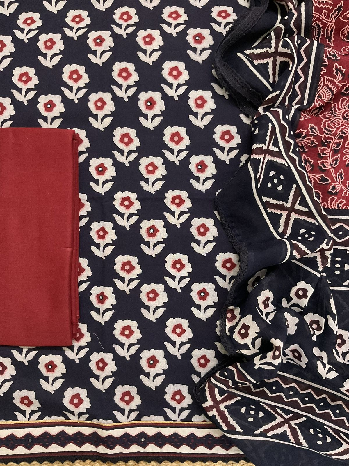 Pure Cotton Printed Embroidered Suit - Black
