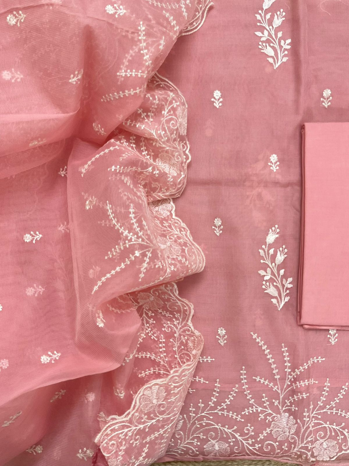 Soft Fine Supernet Embroidered Suit - Peach