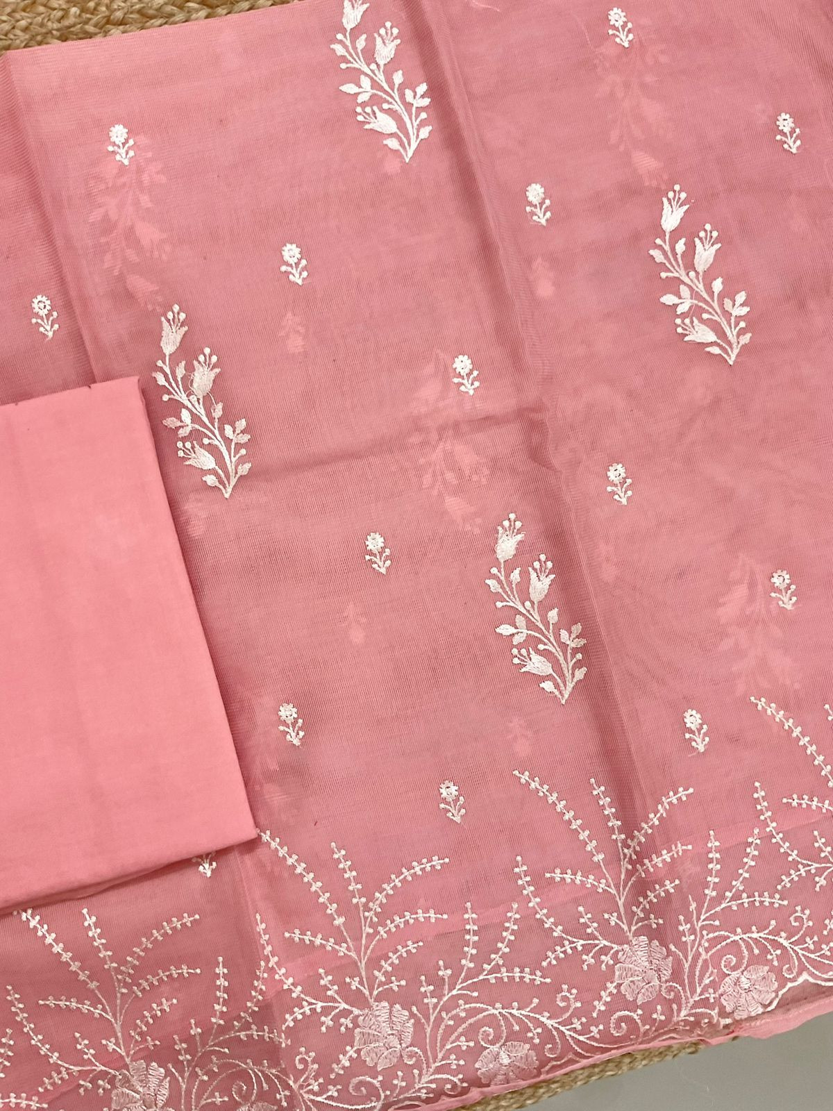 Soft Fine Supernet Embroidered Suit - Peach