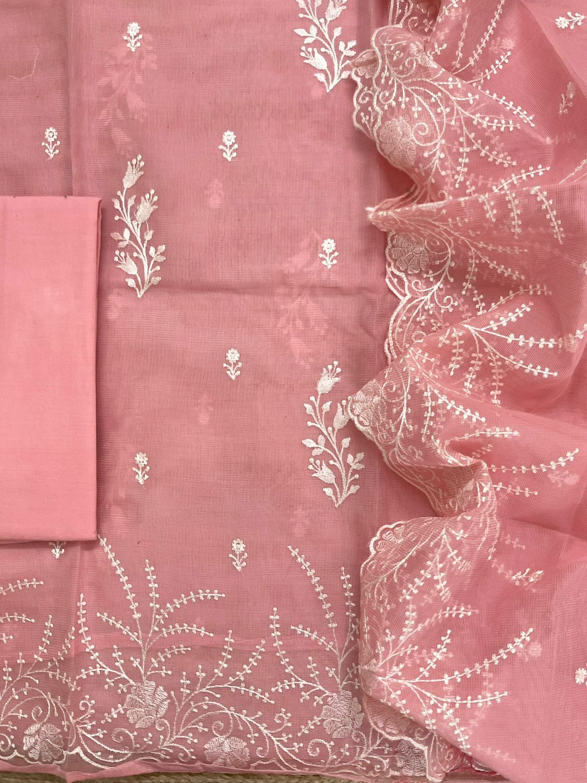Soft Fine Supernet Embroidered Suit - Peach