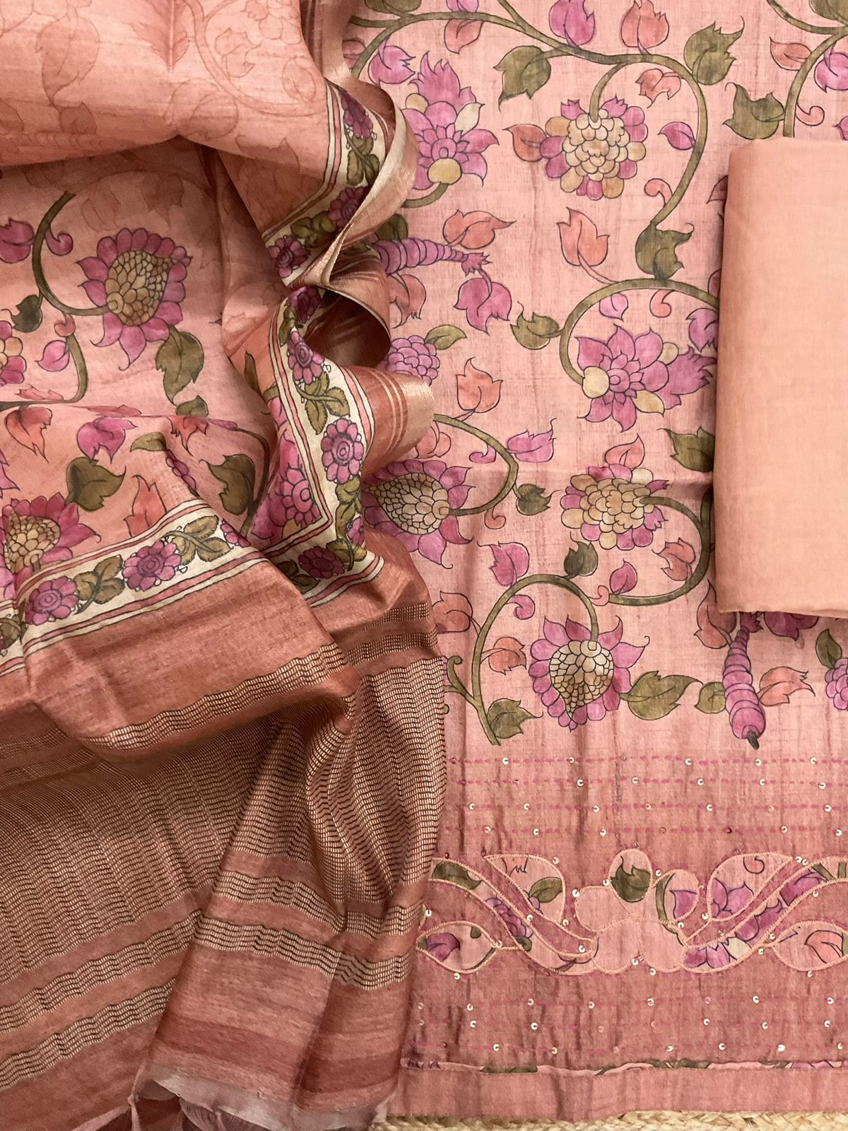Soft Semi Tussar Silk Printed Embroidered Suit - Peach