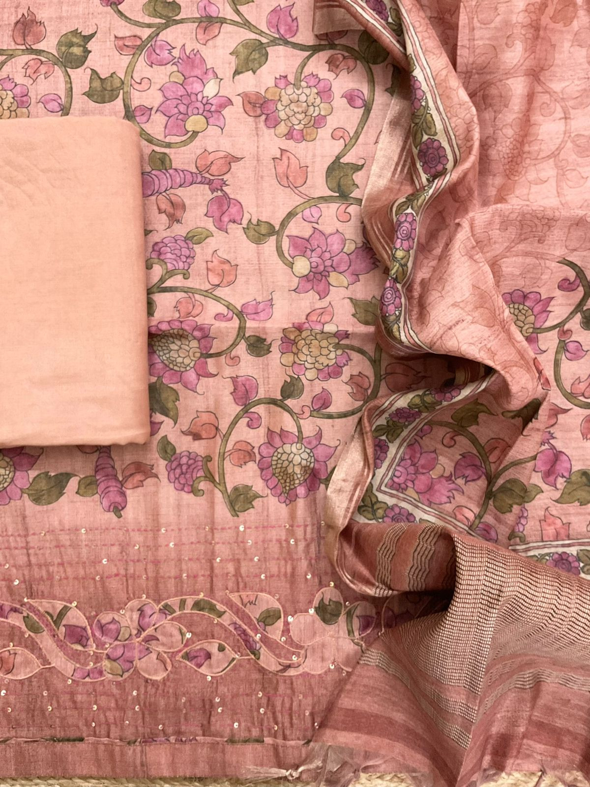 Soft Semi Tussar Silk Printed Embroidered Suit - Peach