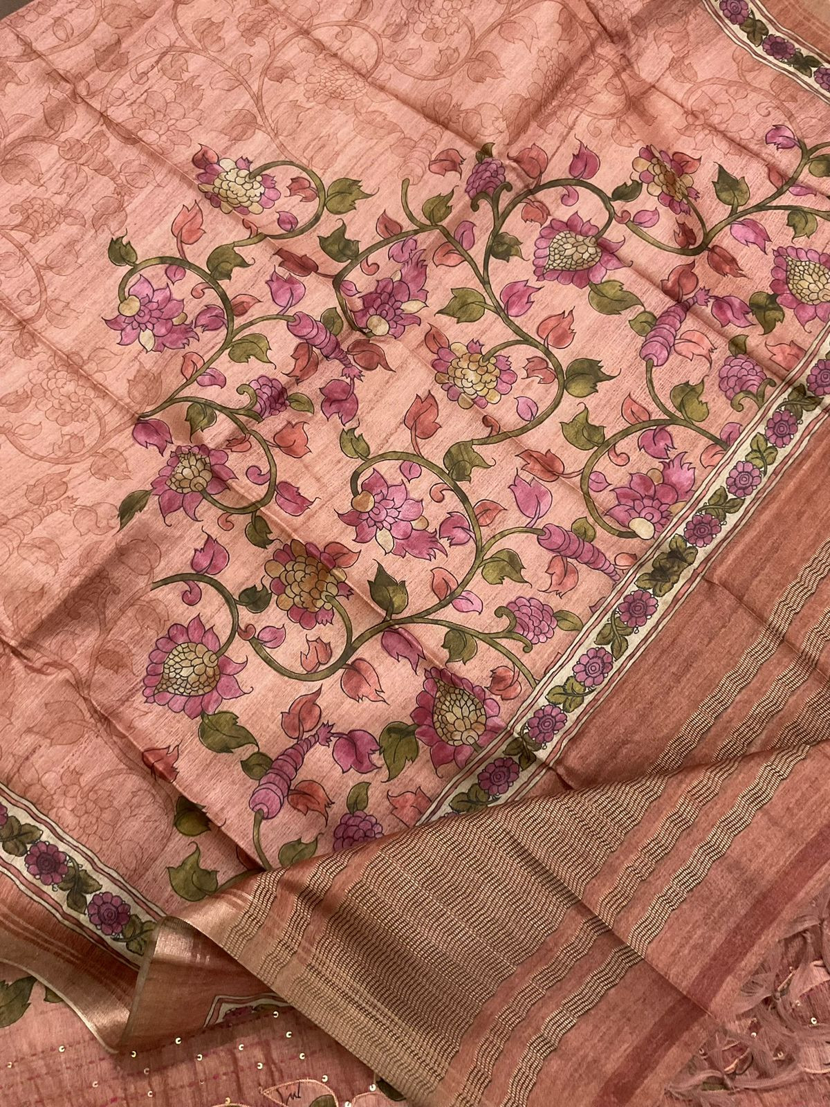 Soft Semi Tussar Silk Printed Embroidered Suit - Peach