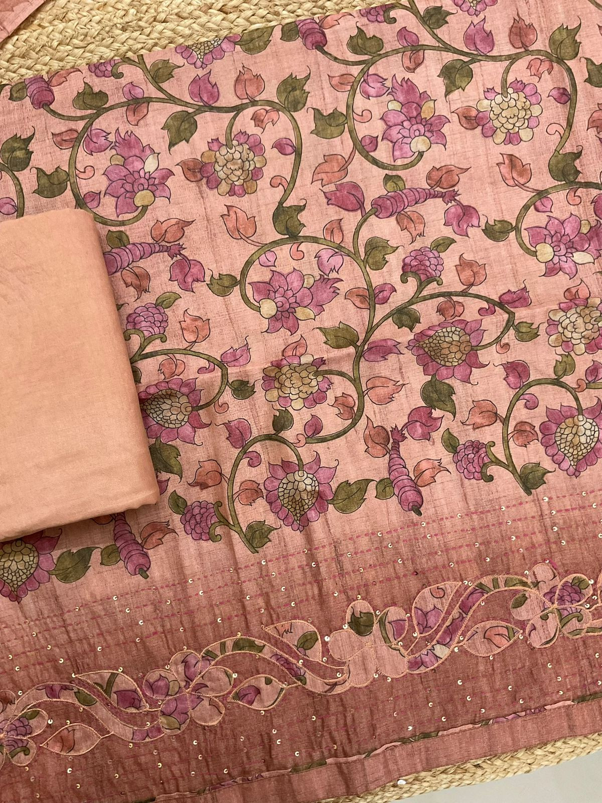 Soft Semi Tussar Silk Printed Embroidered Suit - Peach