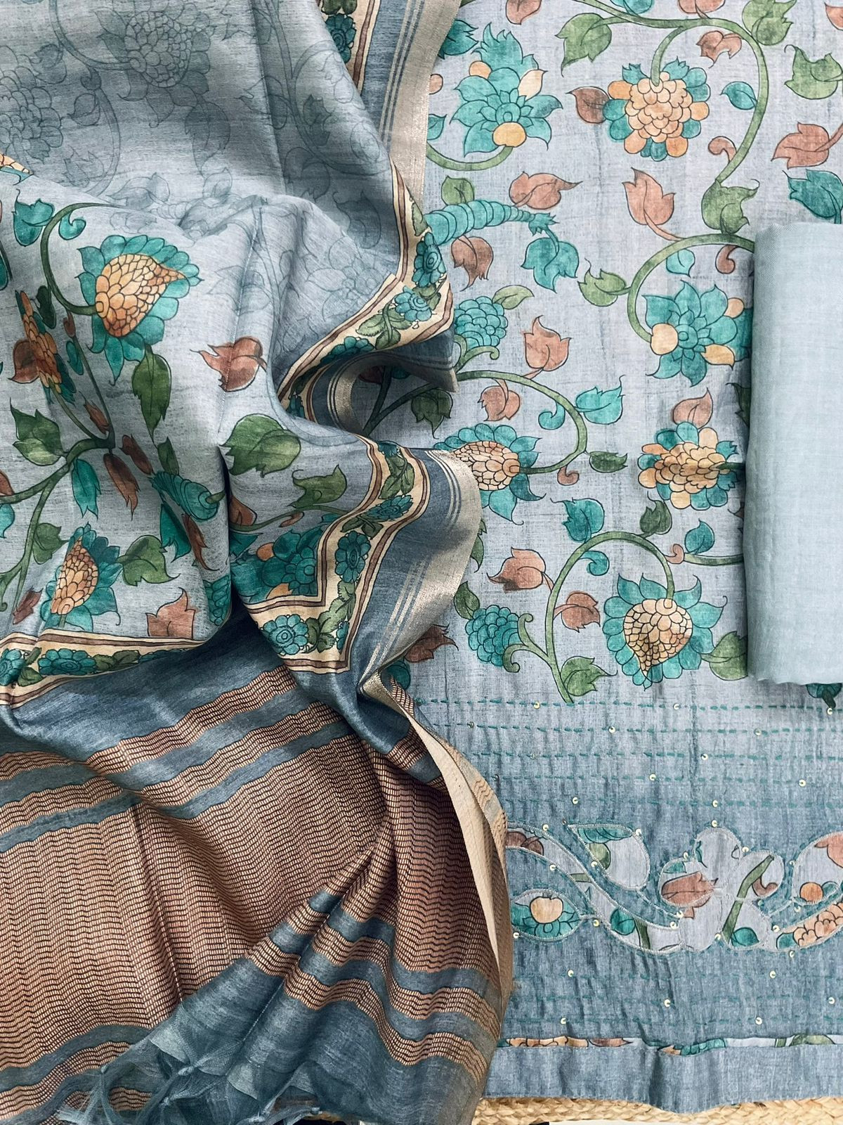 Soft Semi Tussar Silk Printed Embroidered Suit - Grey