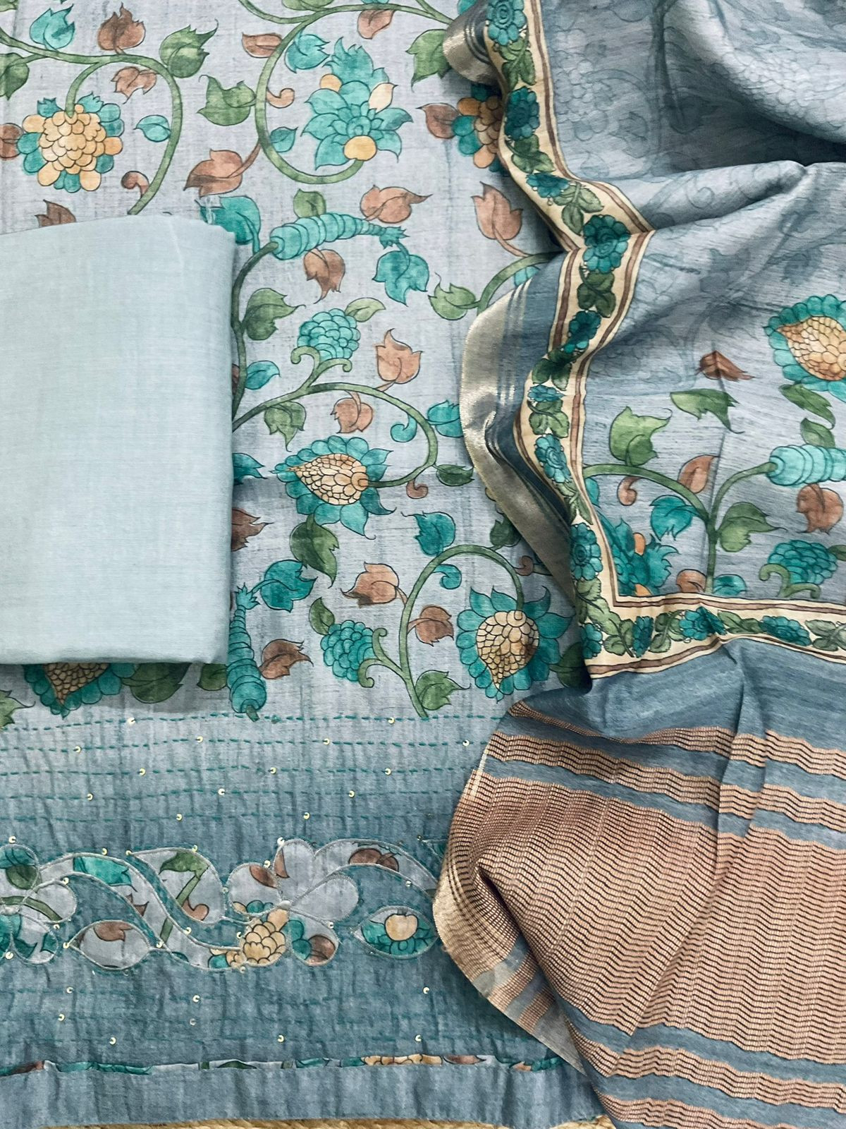 Soft Semi Tussar Silk Printed Embroidered Suit - Grey