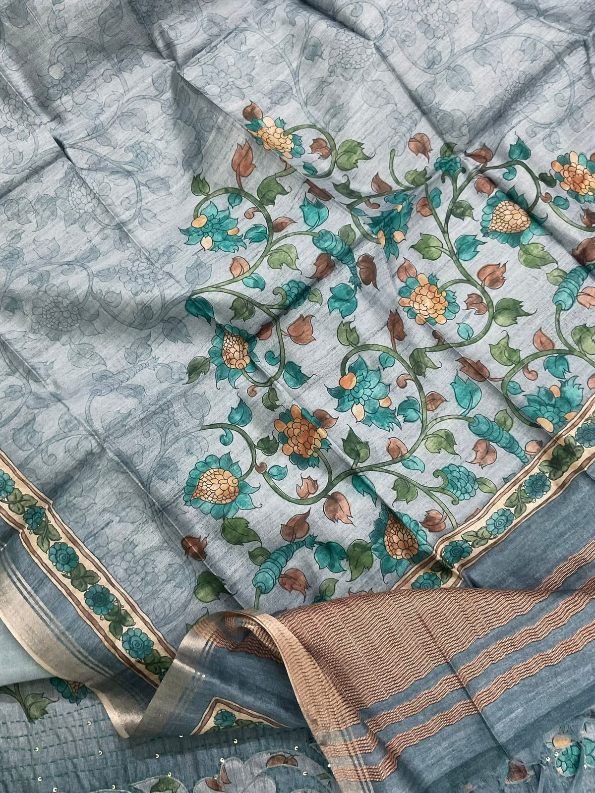 Soft Semi Tussar Silk Printed Embroidered Suit - Grey