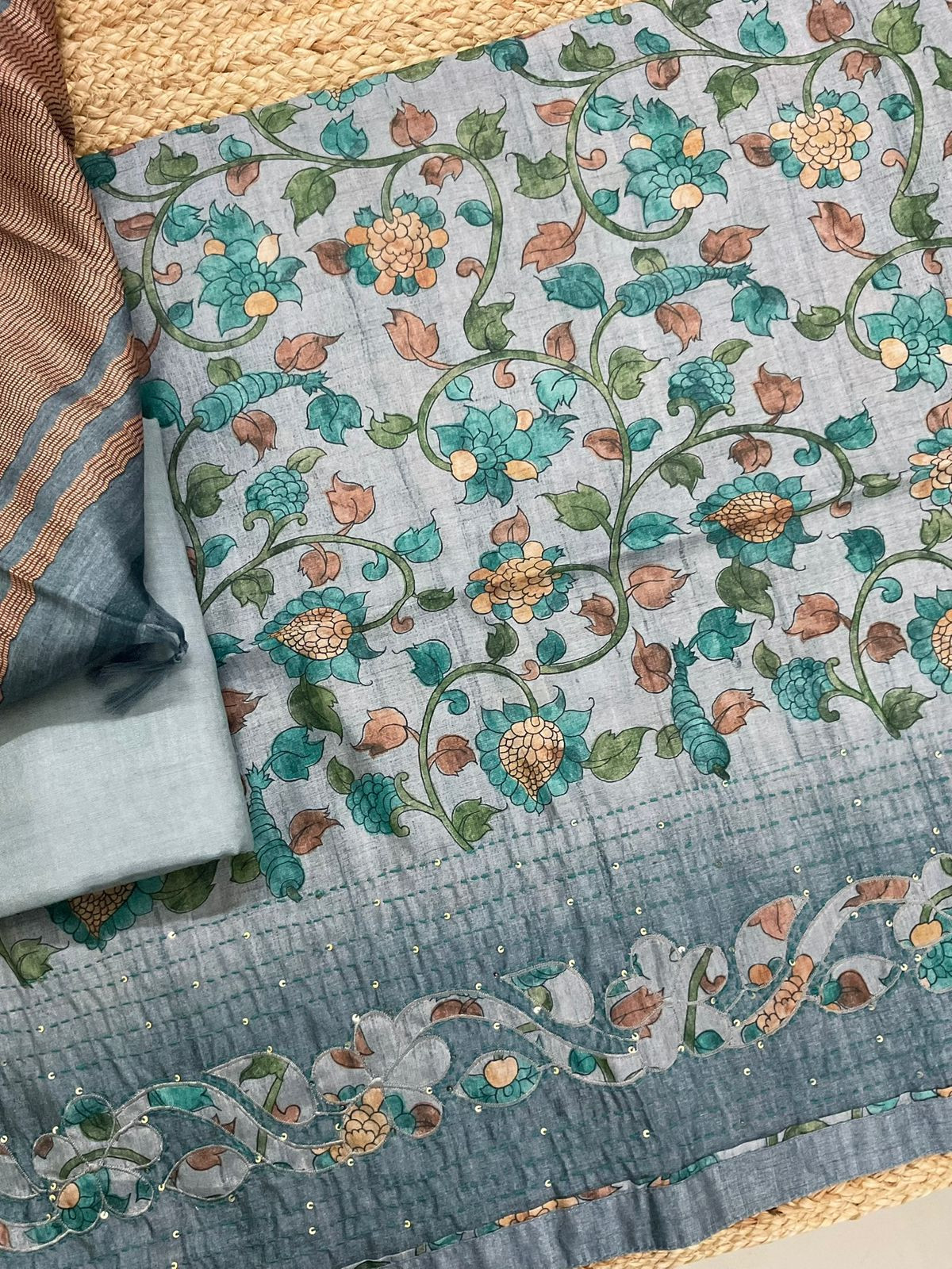 Soft Semi Tussar Silk Printed Embroidered Suit - Grey