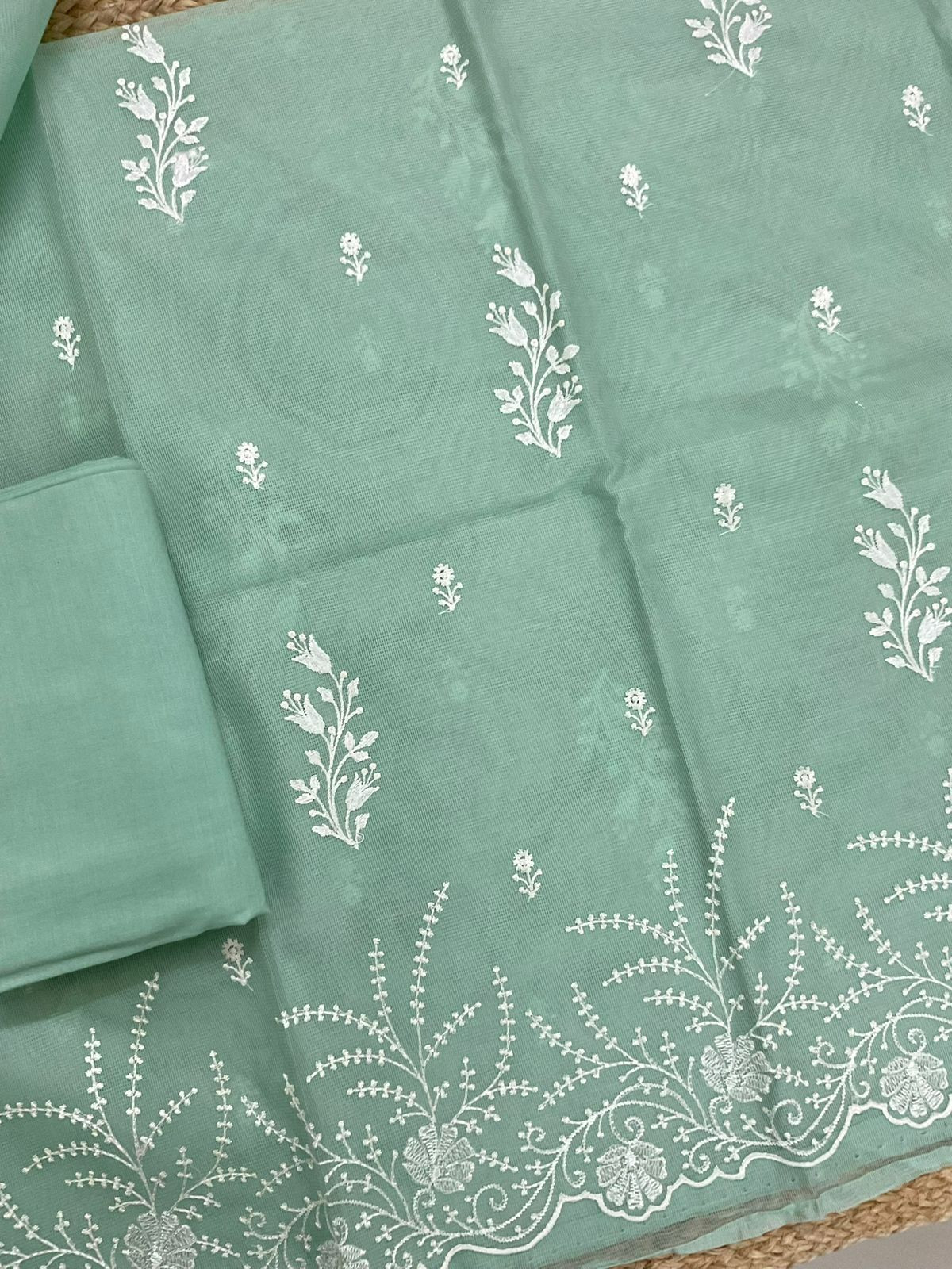 Soft Fine Supernet Embroidered Suit - Green