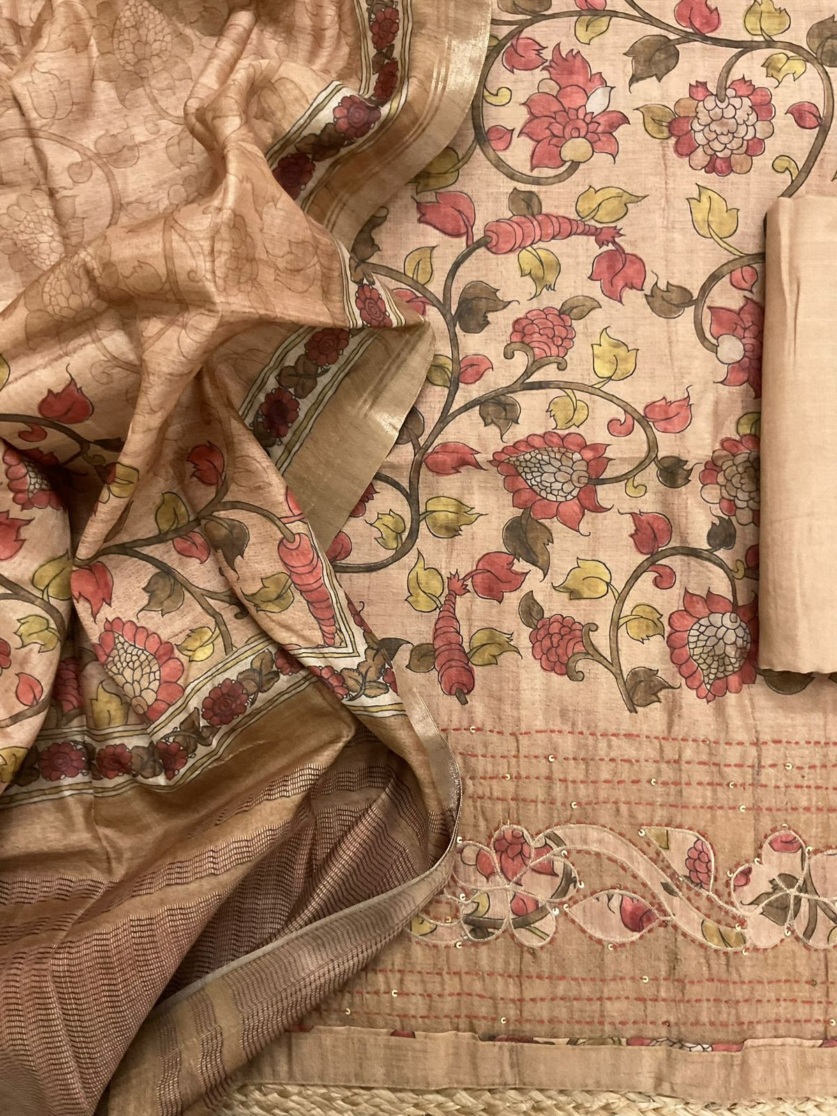 Soft Semi Tussar Silk Printed Embroidered Suit - Beige