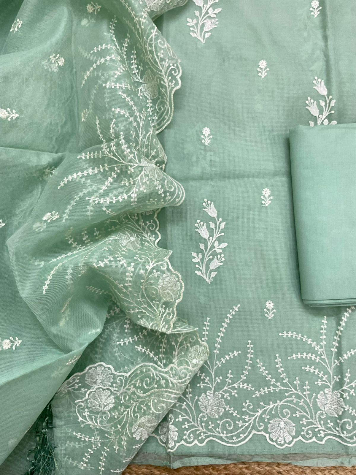 Soft Fine Supernet Embroidered Suit - Green