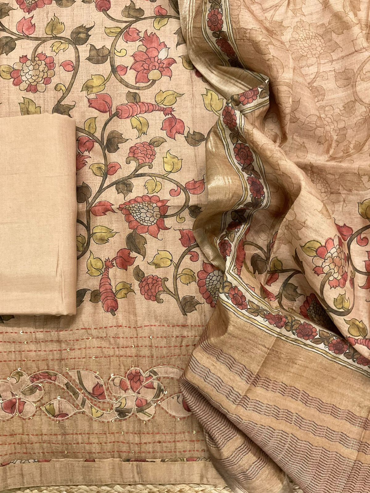 Soft Semi Tussar Silk Printed Embroidered Suit - Beige