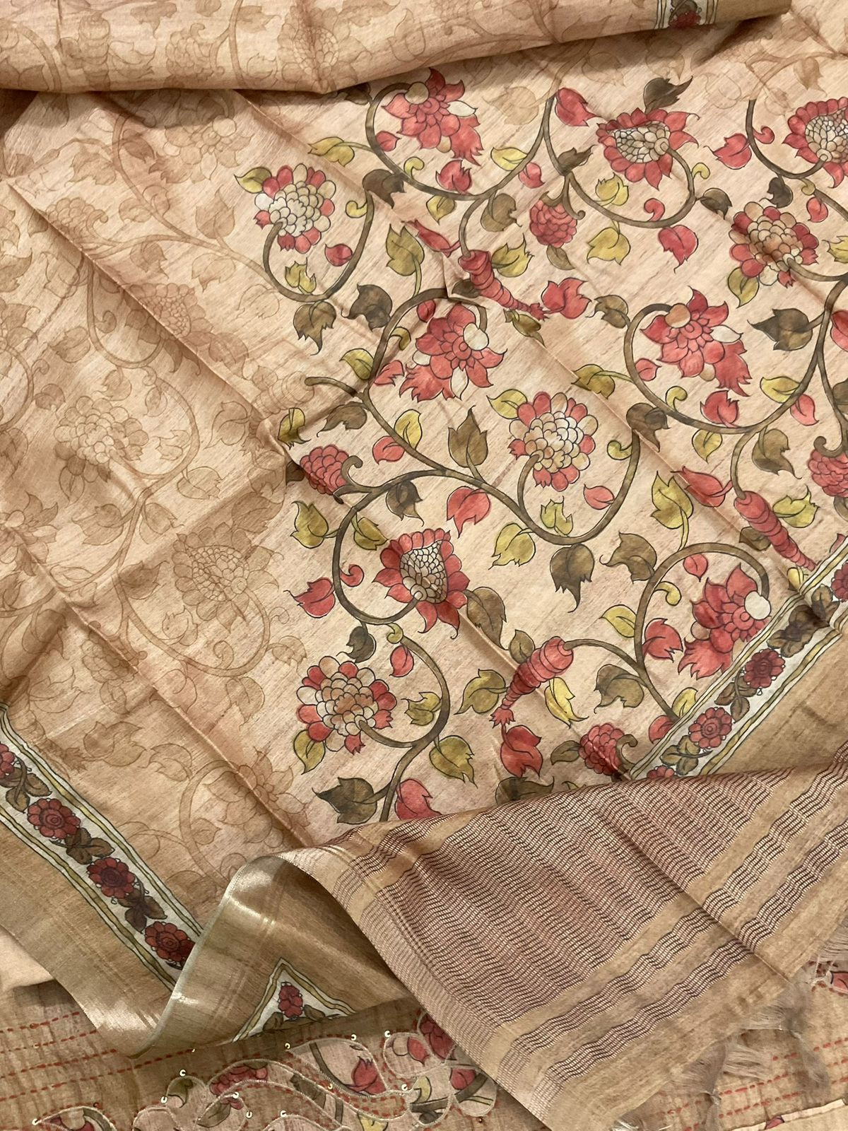 Soft Semi Tussar Silk Printed Embroidered Suit - Beige