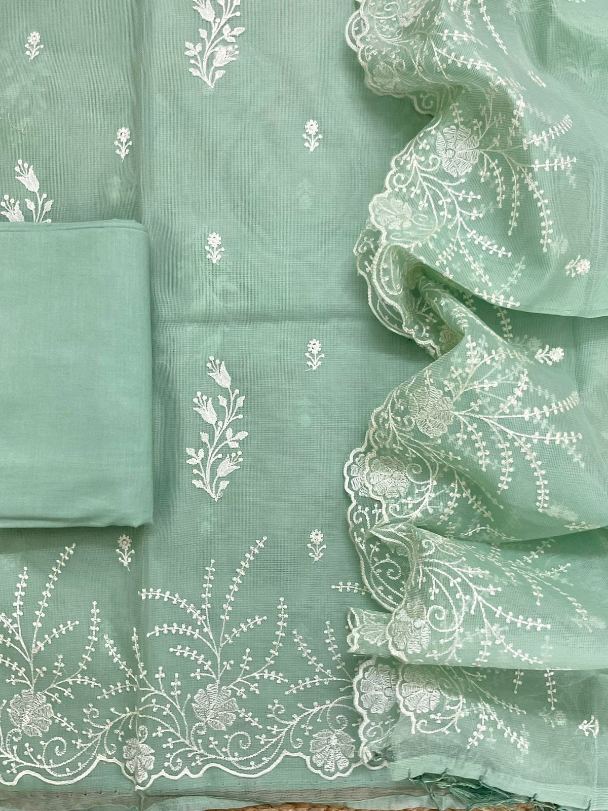 Soft Fine Supernet Embroidered Suit - Green