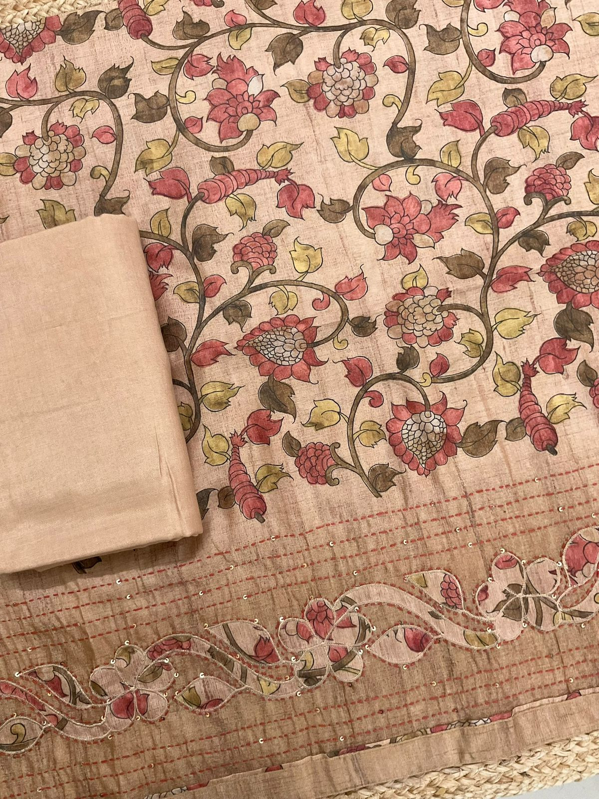 Soft Semi Tussar Silk Printed Embroidered Suit - Beige