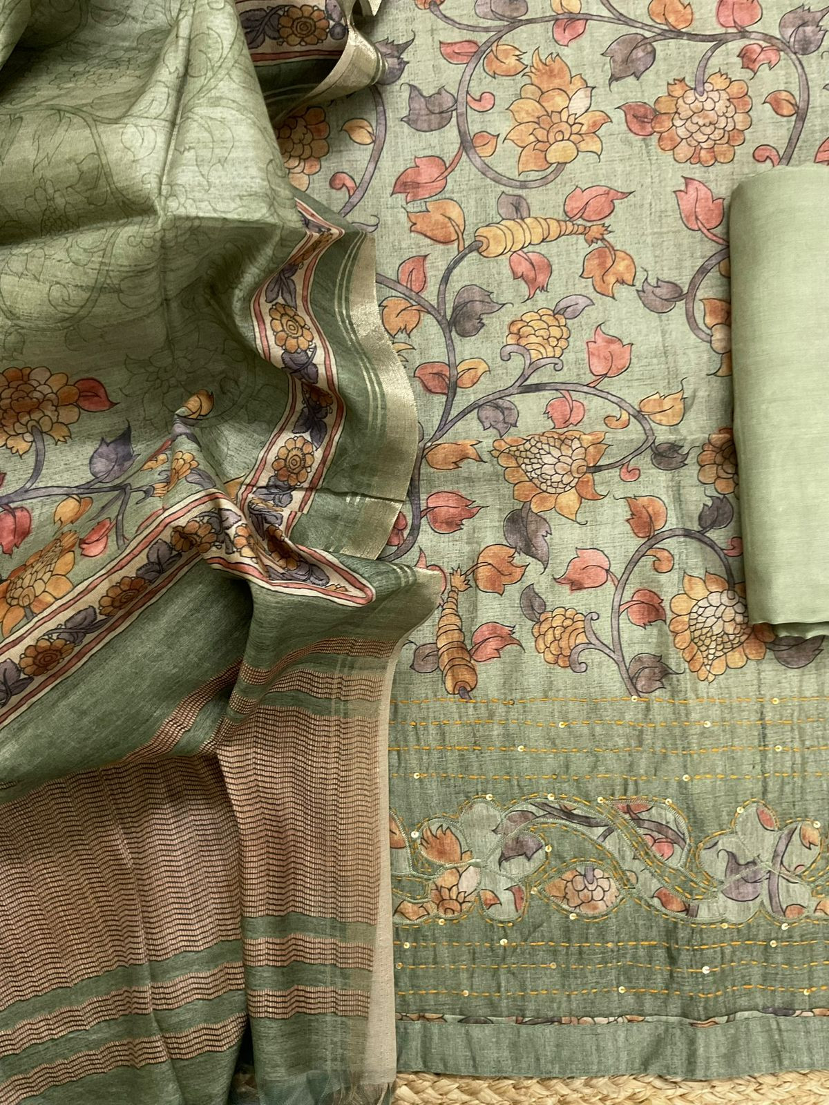 Soft Semi Tussar Silk Printed Embroidered Suit - Green