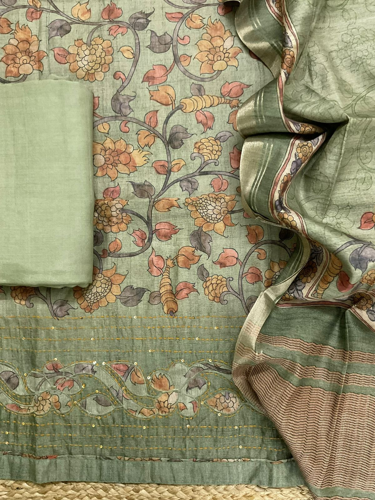 Soft Semi Tussar Silk Printed Embroidered Suit - Green