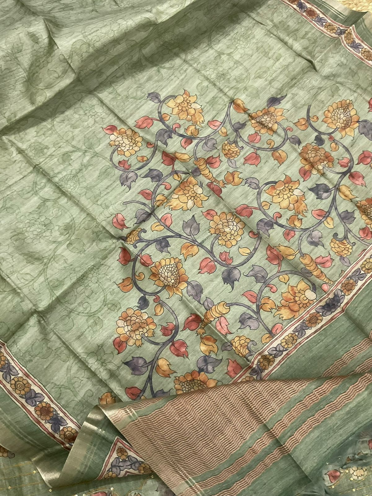 Soft Semi Tussar Silk Printed Embroidered Suit - Green