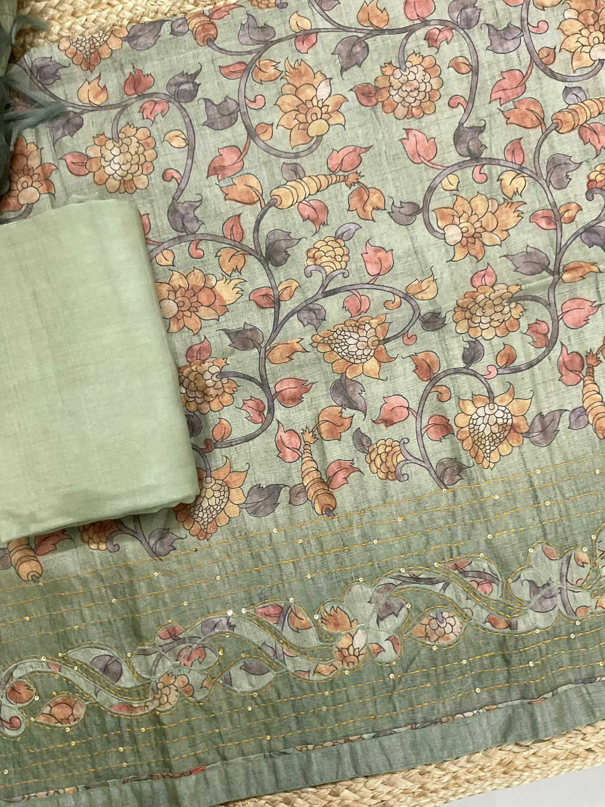 Soft Semi Tussar Silk Printed Embroidered Suit - Green