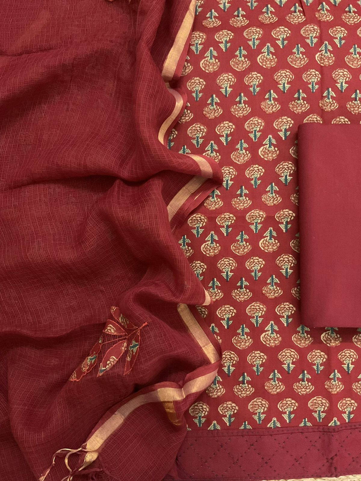 Pure Cotton Printed Embroidered Suit - Maroon