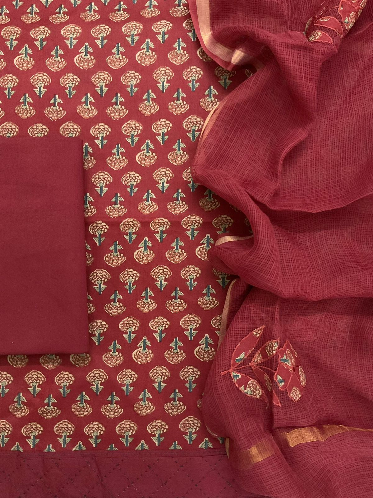 Pure Cotton Printed Embroidered Suit - Maroon