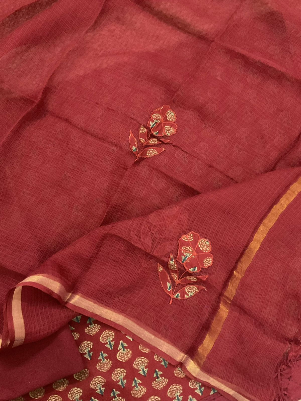 Pure Cotton Printed Embroidered Suit - Maroon