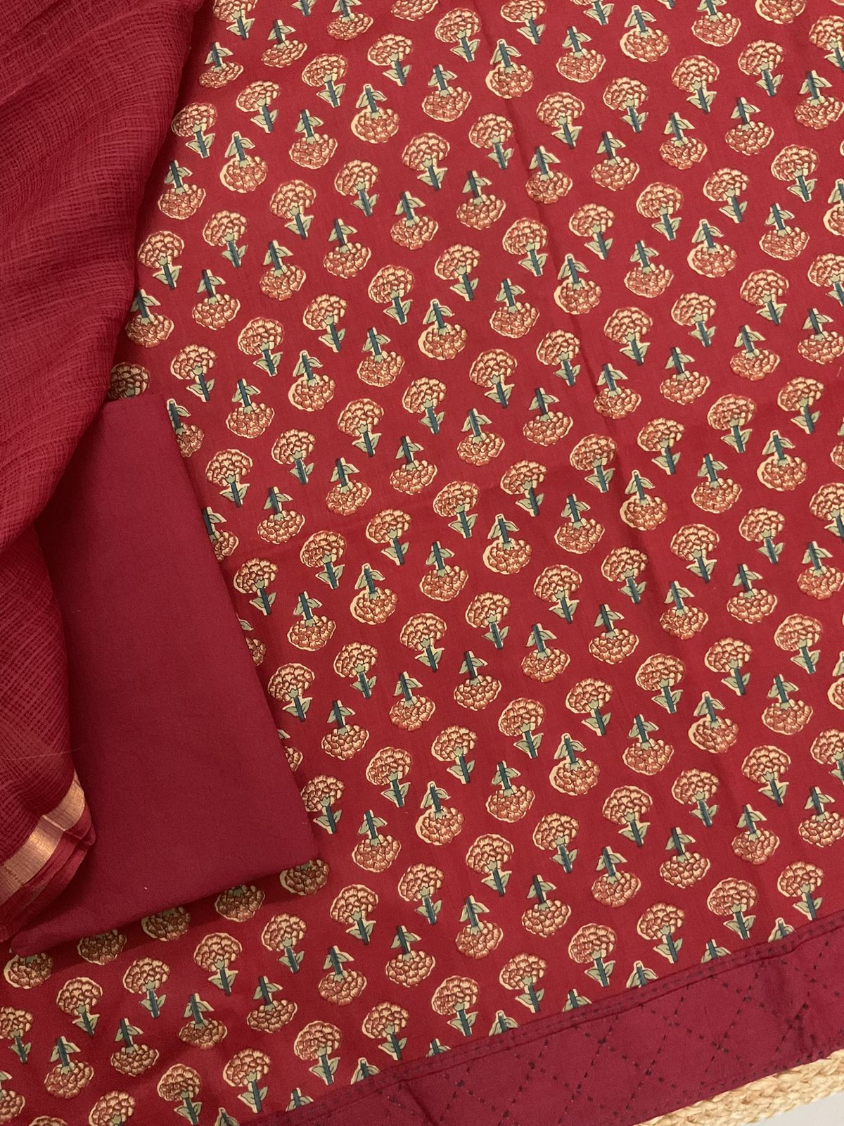 Pure Cotton Printed Embroidered Suit - Maroon